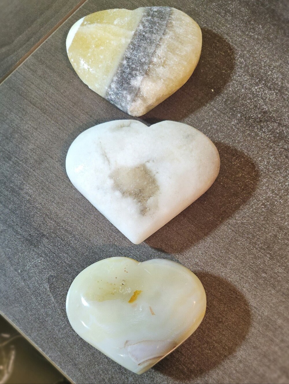 Trio of Hand-Carved Puffy Crystal Hearts – Banded Calcite & White Calcite